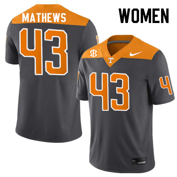 Women #43 Jackson Mathews Tennessee Volunteers College Football Jerseys Stitched-Anthracite